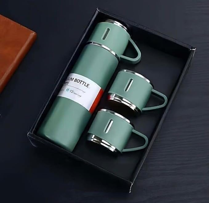 Stainless Steel Vacuum Flask Set with 3 Steel Cups | Set of 3 Pcs