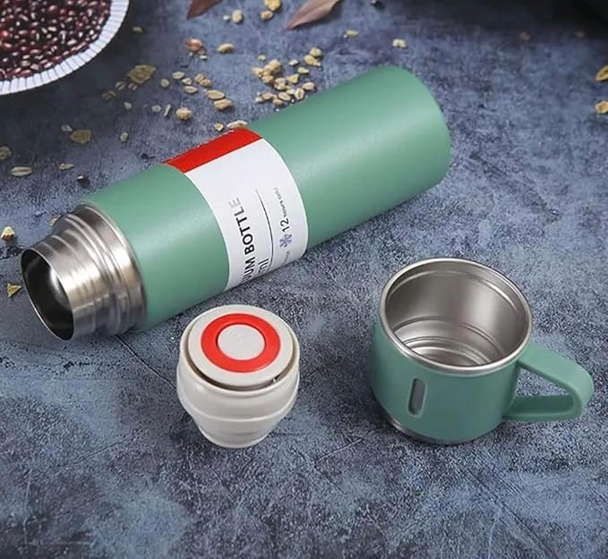 Stainless Steel Vacuum Flask Set with 3 Steel Cups | Set of 3 Pcs