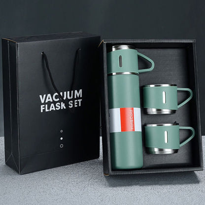 Stainless Steel Vacuum Flask Set with 3 Steel Cups | Set of 3 Pcs